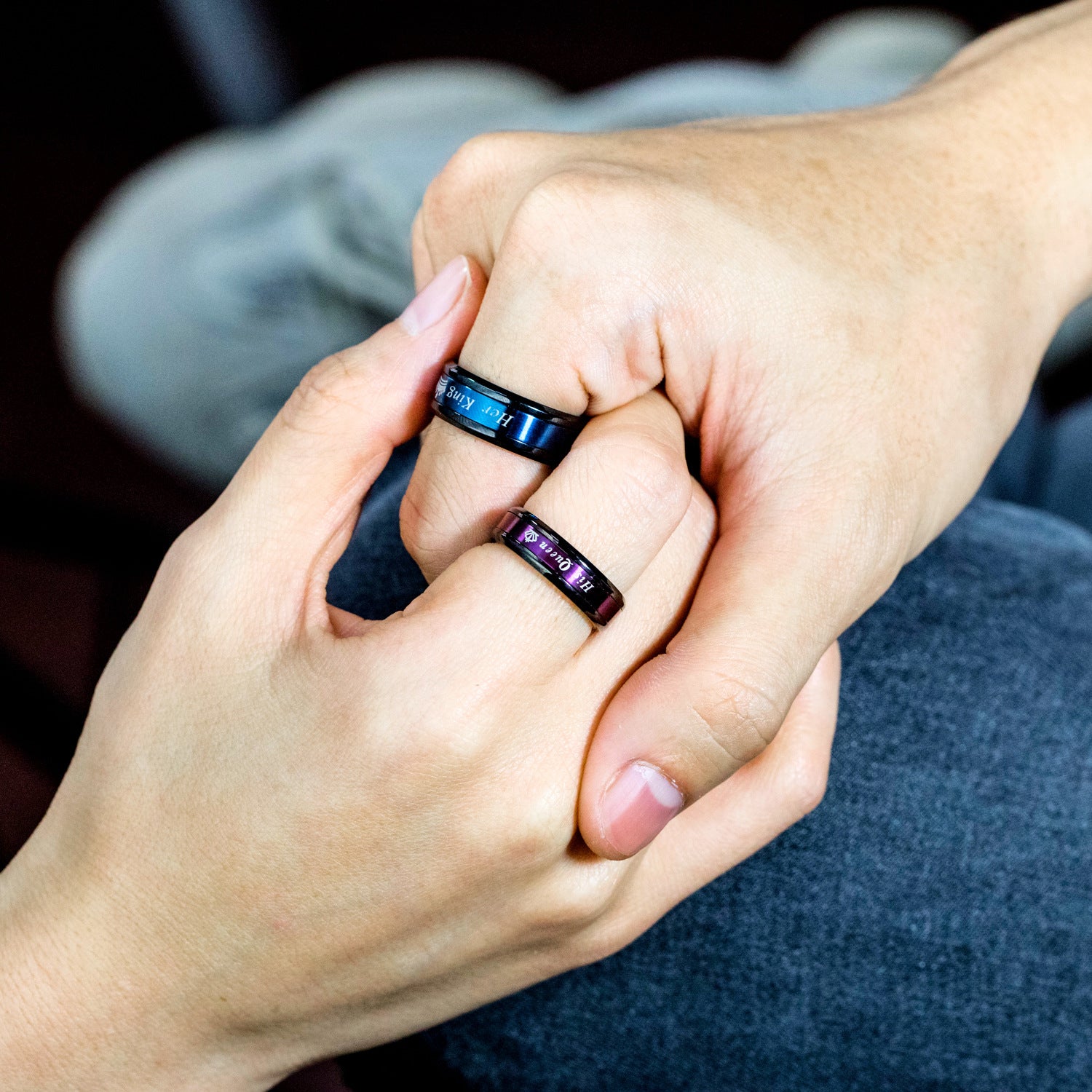 Blue and Purple Her King His Queen Couple Rings In Stainless Steel Engravable Inside