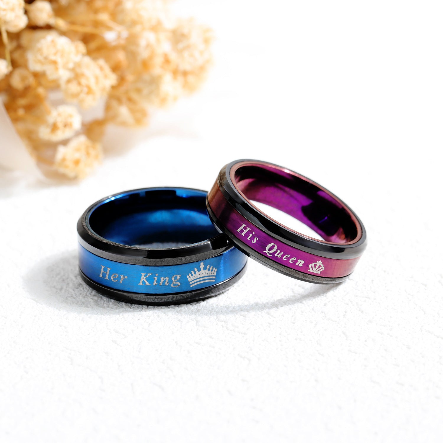 Blue and Purple Her King His Queen Couple Rings In Stainless Steel Engravable Inside