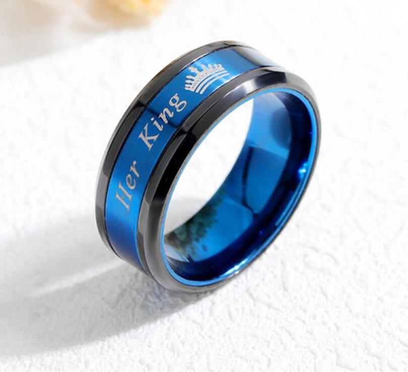 Blue and Purple Her King His Queen Couple Rings In Stainless Steel Engravable Inside