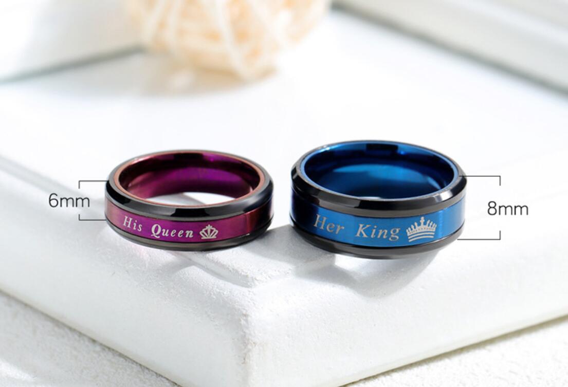 Blue and Purple Her King His Queen Couple Rings In Stainless Steel Engravable Inside