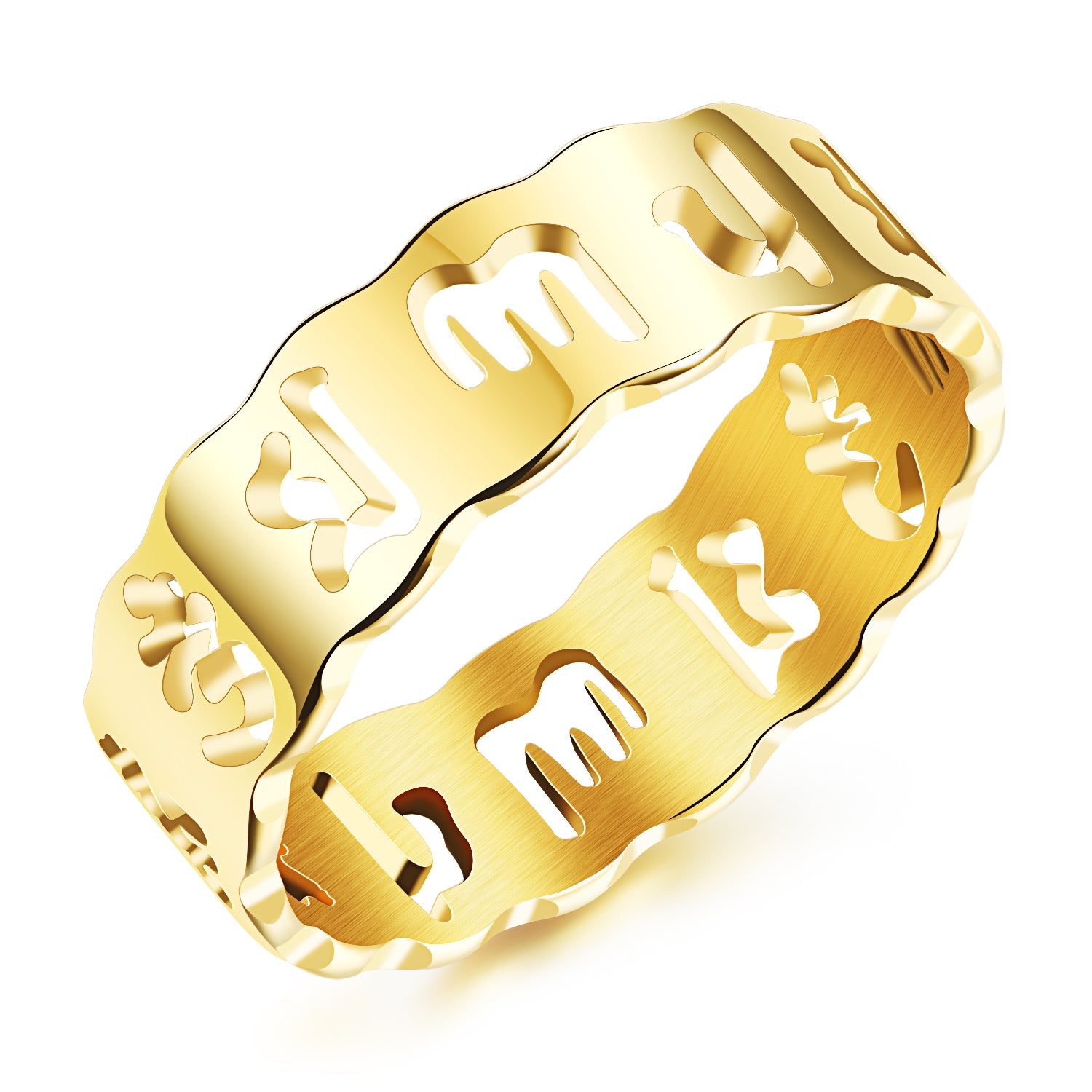 Six character Daming mantra Ring Titanium Steel Gold Plated six character mantra couple ring hollowed out couple ring