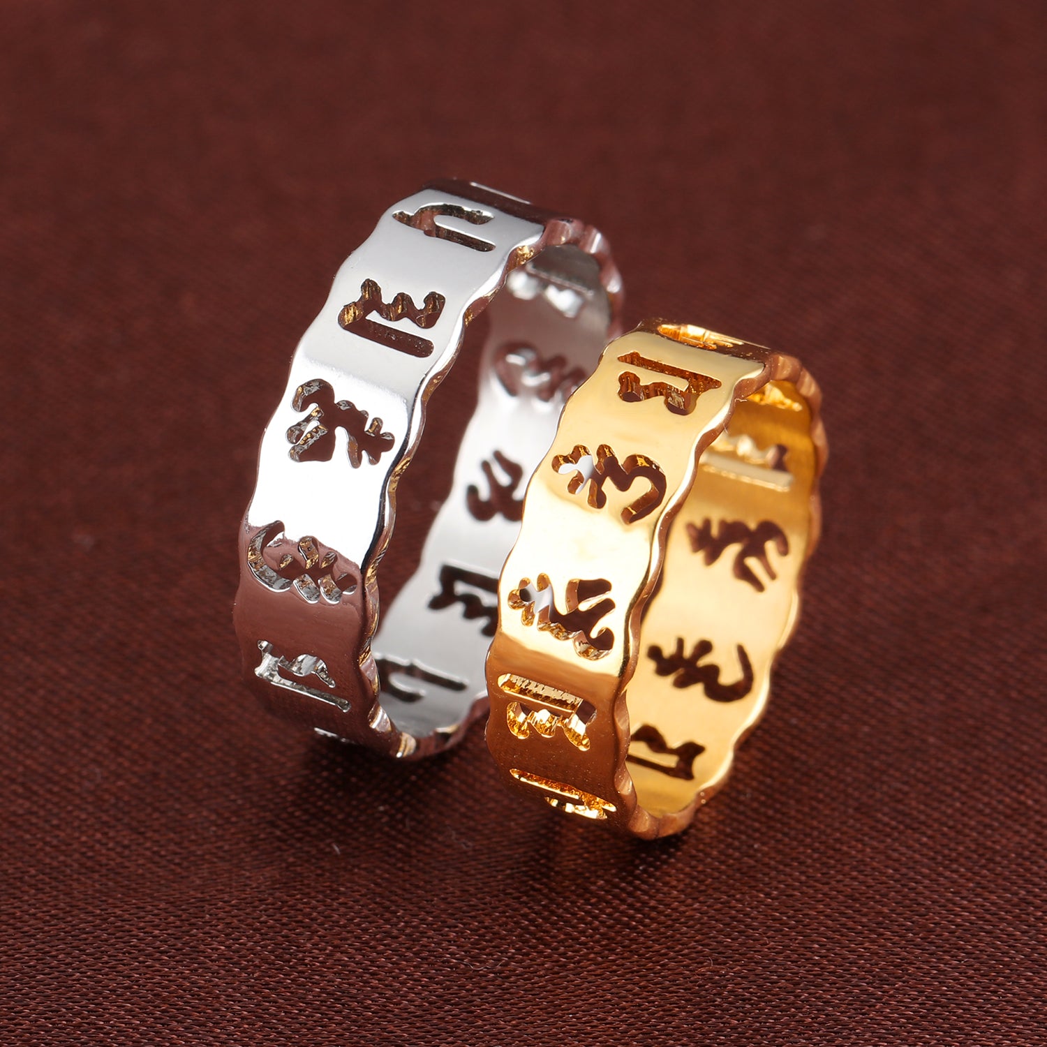 Six character Daming mantra Ring Titanium Steel Gold Plated six character mantra couple ring hollowed out couple ring