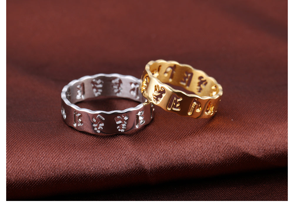 Six character Daming mantra Ring Titanium Steel Gold Plated six character mantra couple ring hollowed out couple ring