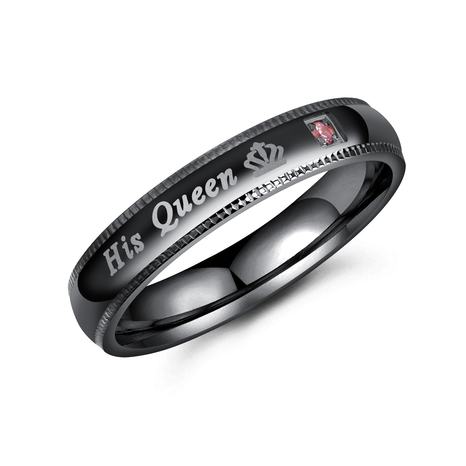 Tow Black Color Her King His Queen Couple Rings In Stainless Steel with Round Cut Gemstones