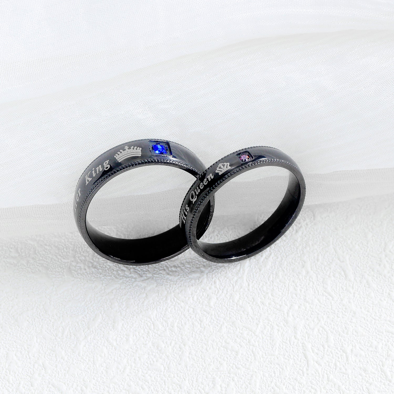 Tow Black Color Her King His Queen Couple Rings In Stainless Steel with Round Cut Gemstones