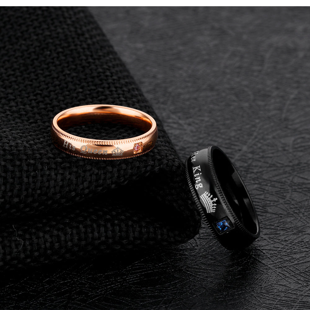 Black and Rose Her King His Queen Couple Rings In Stainless Steel with Round Cut Gemstones