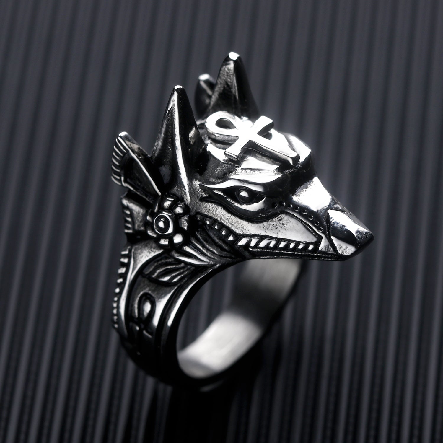 Men's titanium steel ring, vintage anubis God, ancient Egyptian jackal head ring