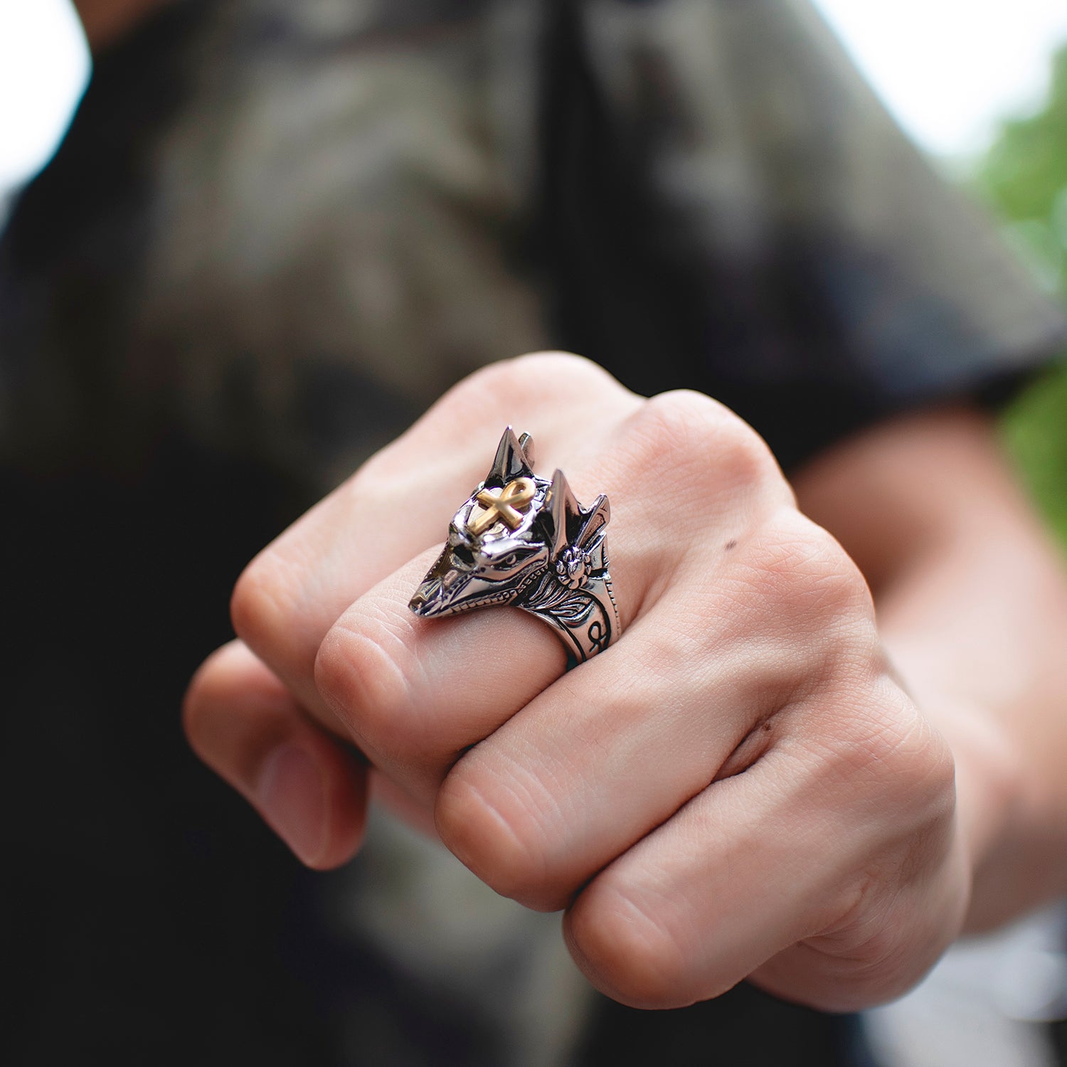 Men's titanium steel ring, vintage anubis God, ancient Egyptian jackal head ring