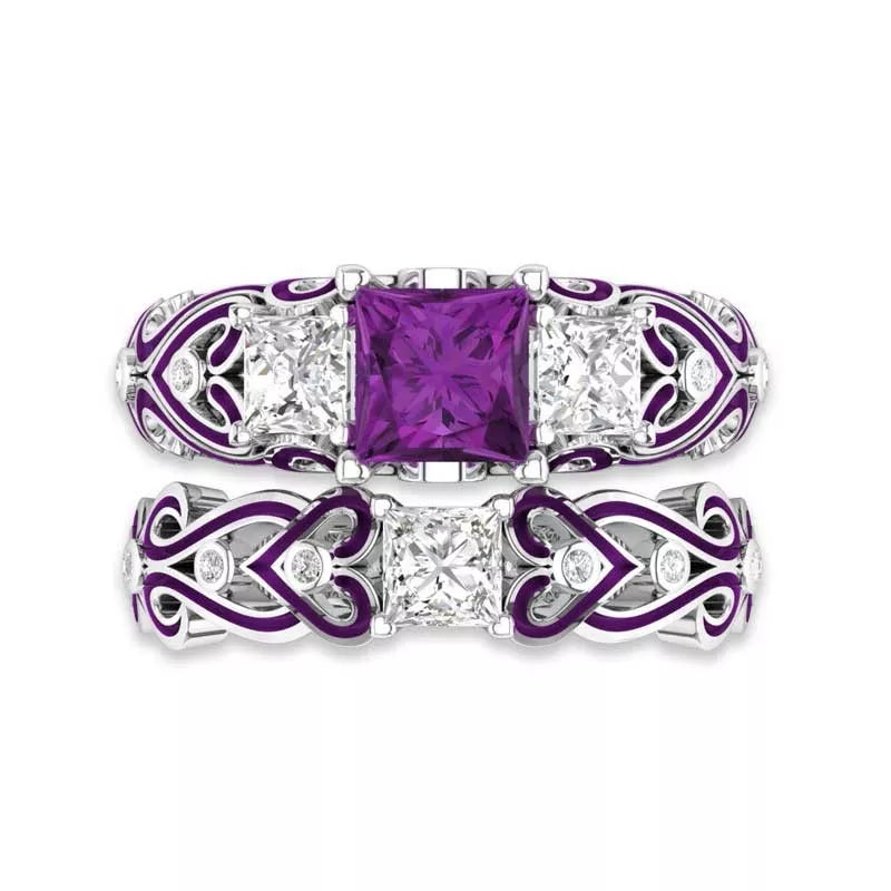 Amethyst Purple Wedding Ring Set Princess Cubic Zirconia
