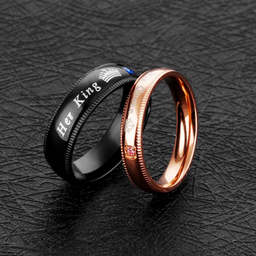 Black and Rose Her King His Queen Couple Rings In Stainless Steel with Round Cut Gemstones