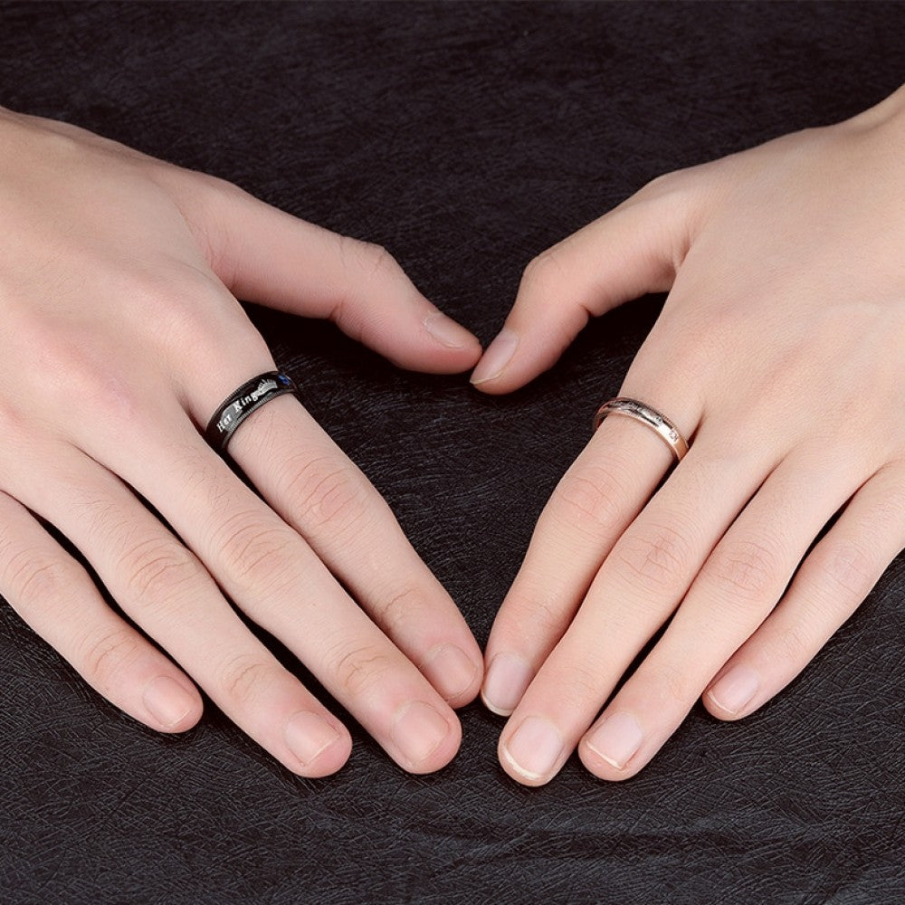 Black and Rose Her King His Queen Couple Rings In Stainless Steel with Round Cut Gemstones